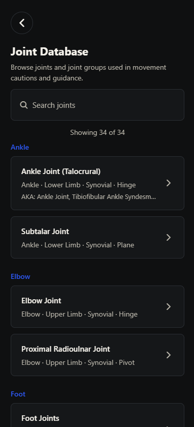 Ultimate Lift joint database screen listing joints and joint groups