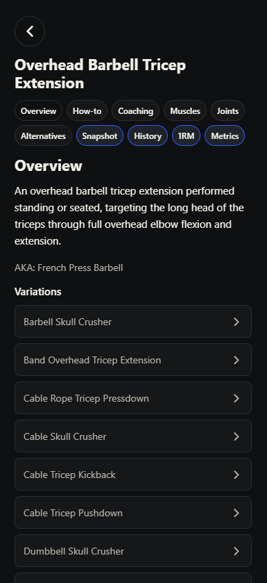 Ultimate Lift movement Library screen showing an overhead barbell tricep extension overview with variations and reference tabs
