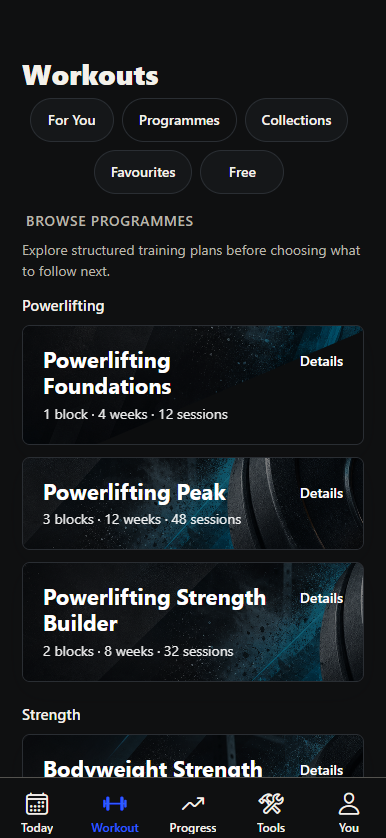 Ultimate Lift programmes screen showing programme cards and structured training blocks