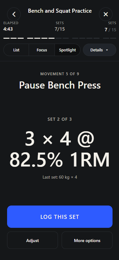 Ultimate Lift workout spotlight screen showing the current training prescription