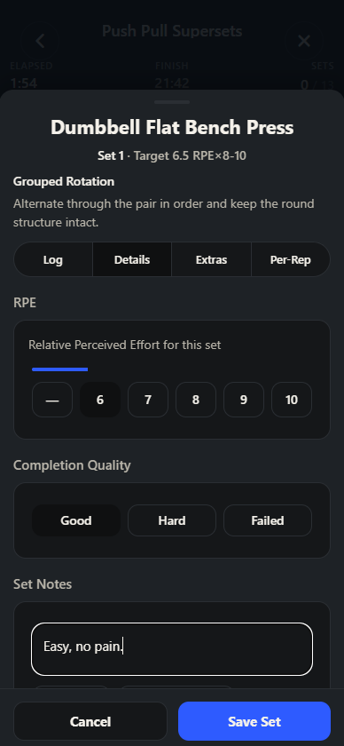 Workout entry details screen showing RPE, completion quality, and notes