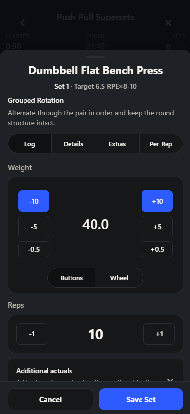 Ultimate Lift workout entry screen showing log controls for weight and reps