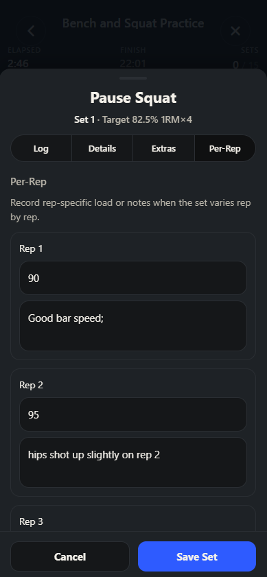 Workout entry per-rep screen showing rep-level logging fields